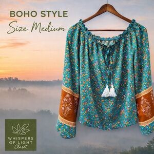 Boho Teal Floral Peasant Blouse Tassel Tie Rust Border Sleeves Size M